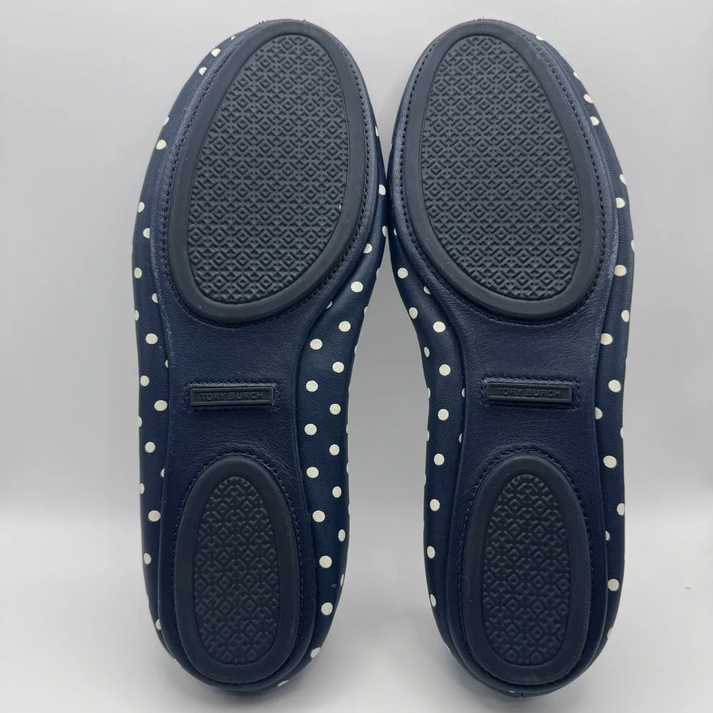 Tory Burch Minnie Travel Ballet Flats Navy Blue Polka Dot Leather Logo 8M 64985